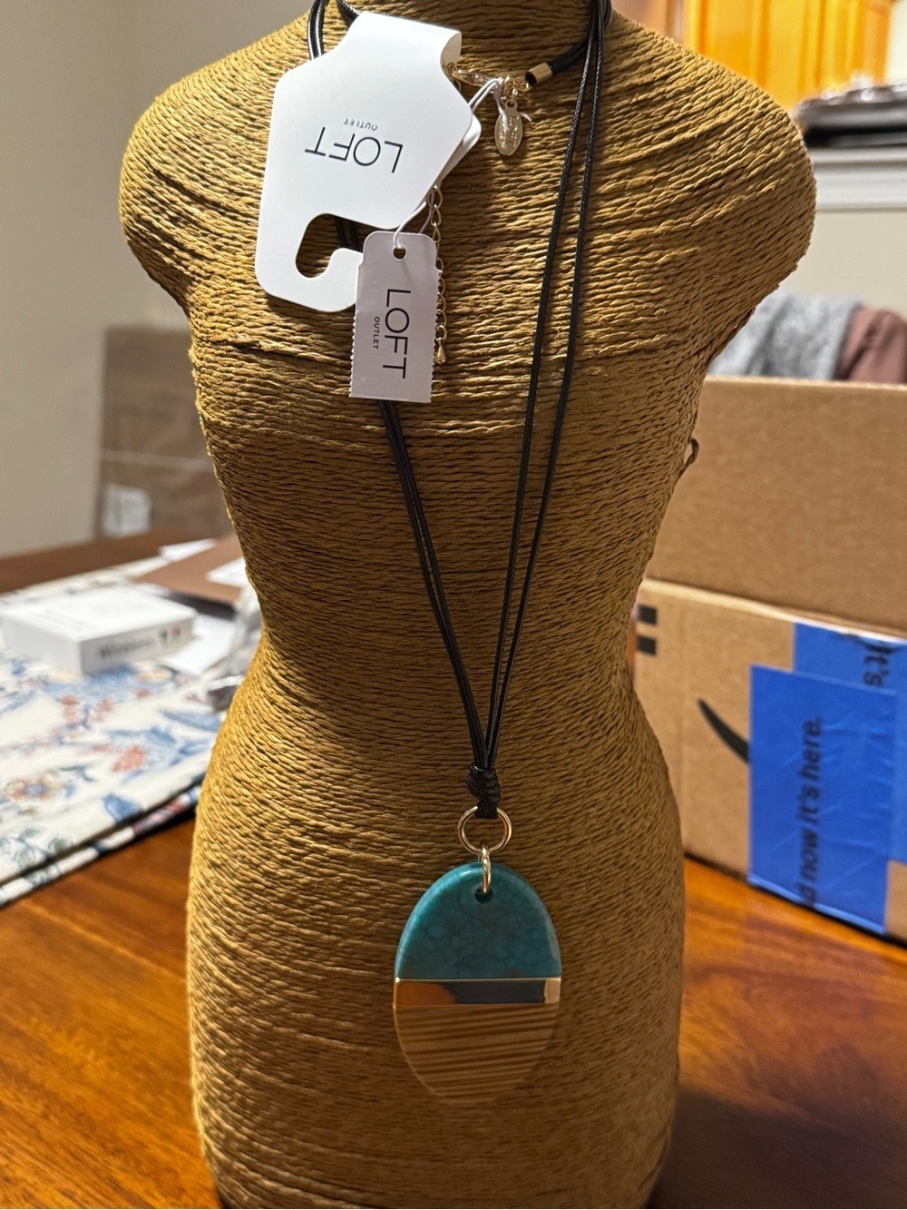 LOFT Turquoise and Gold Layered Pendant Necklace on Black Cord
